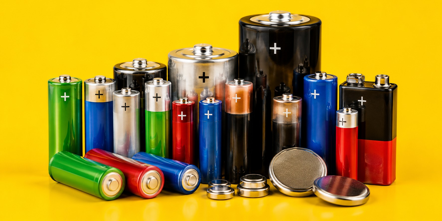 Assortment of household batteries on a yellow background