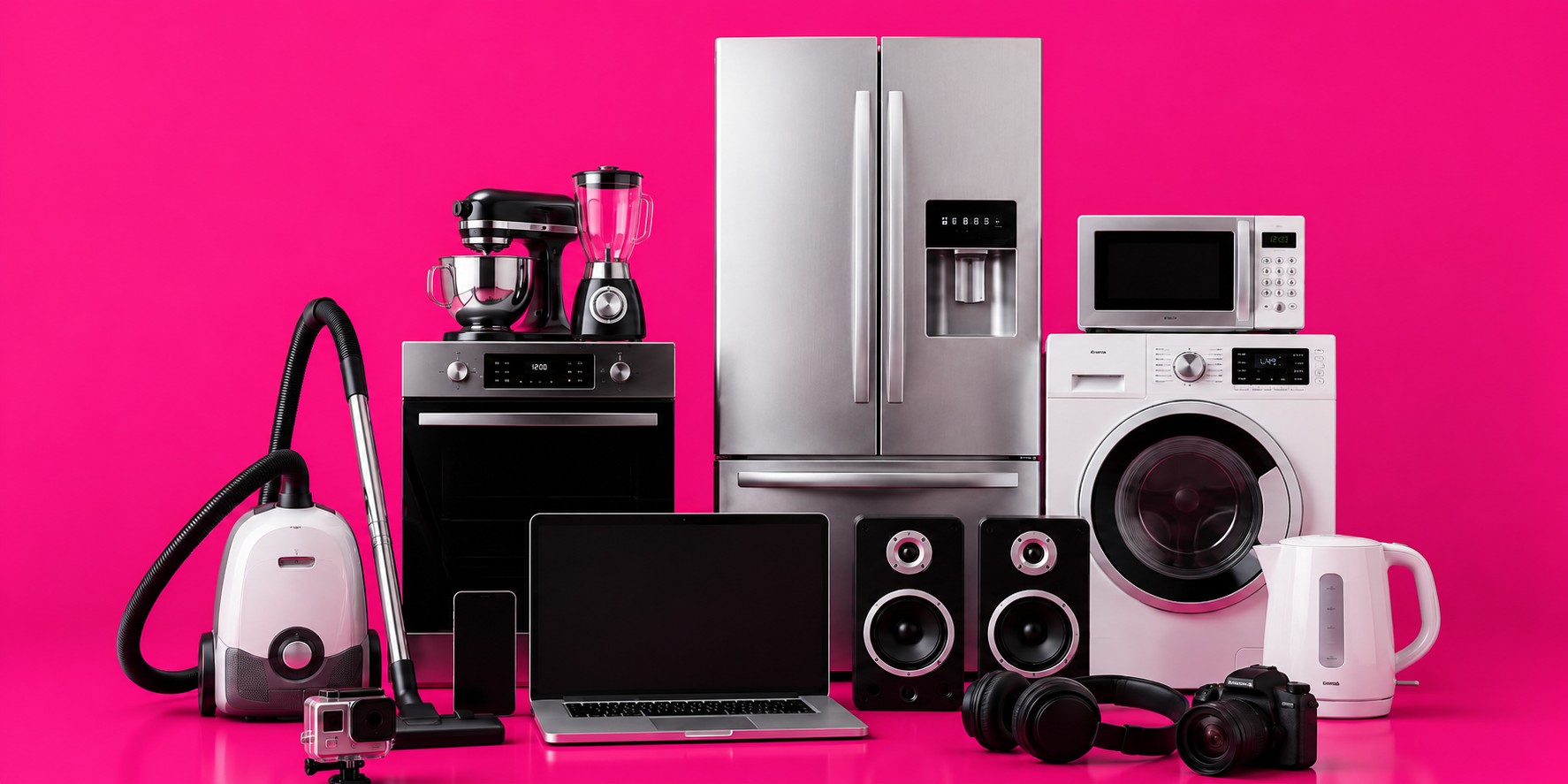 Assortment of electrical and electronic equipment on a pink background